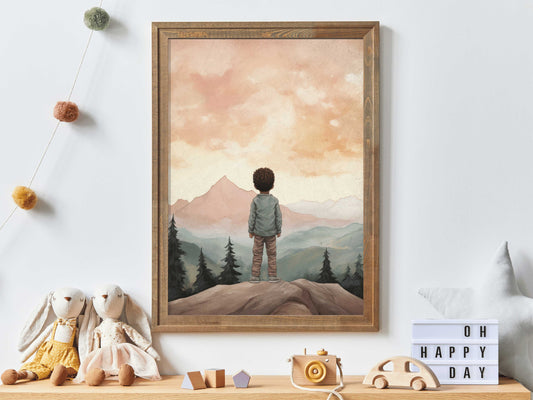 Adventure Nursery Decor, Toddler Decor Boy, Mountain Nursery Art, African-American Black Boy Nursery Decor, Digital Printable Boys Room Art