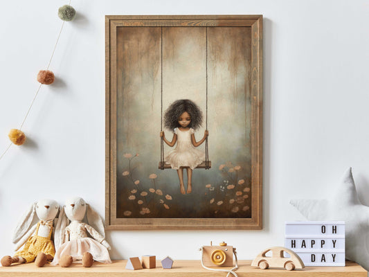 Vintage Girls Room Wall Art, Little African-American Black Girl on Swing, Unique Rustic Girls Nursery Bedroom Decor, Printable Girl Wall Art