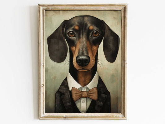 Dachshund Print, Vintage Dachshund Decor, Perfect Gift for Sausage Dog Lovers, DIGITAL Dog Art, Dog Wearing Suit, Printable Wall Art