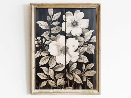 Rustic Floral Wall Decor, Black Wood Wall Art, Black and White Floral Print, Vintage Flower Art, Farmhouse Home Decor, DIGITAL Floral Print