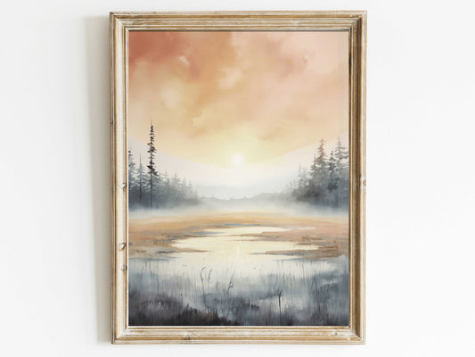 Watercolor Landscape Print, Swamp Art Print, Landscape Home Decor, Sunset Wall Art, Abstract Nature Print, Digital Printable Wall Decor