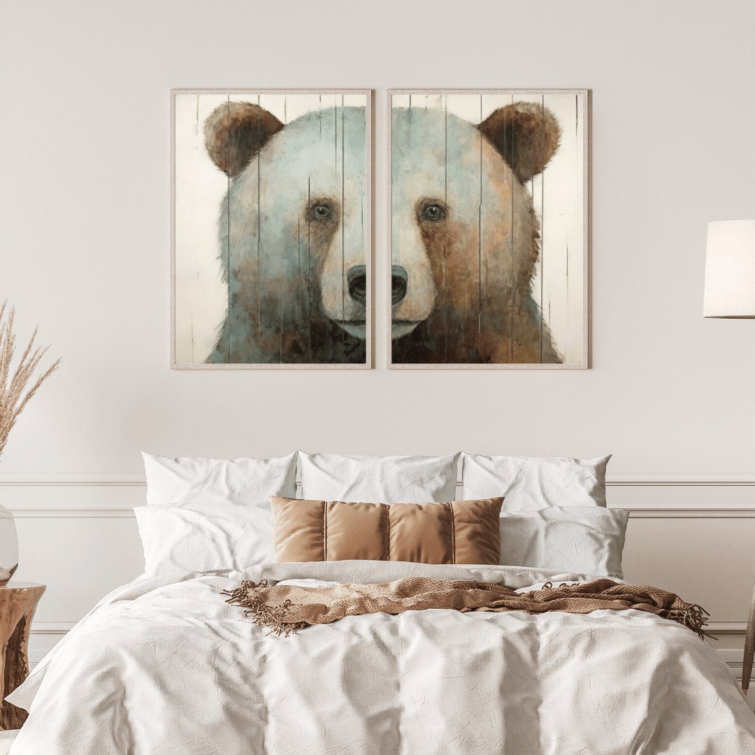 Bear Wall Art, Rustic Animal Print, Bear Nursery Decor, Set of 2, Bear Wall Art, Forest Animal Print, Farmhouse Decor, DIGITAL Printable Art