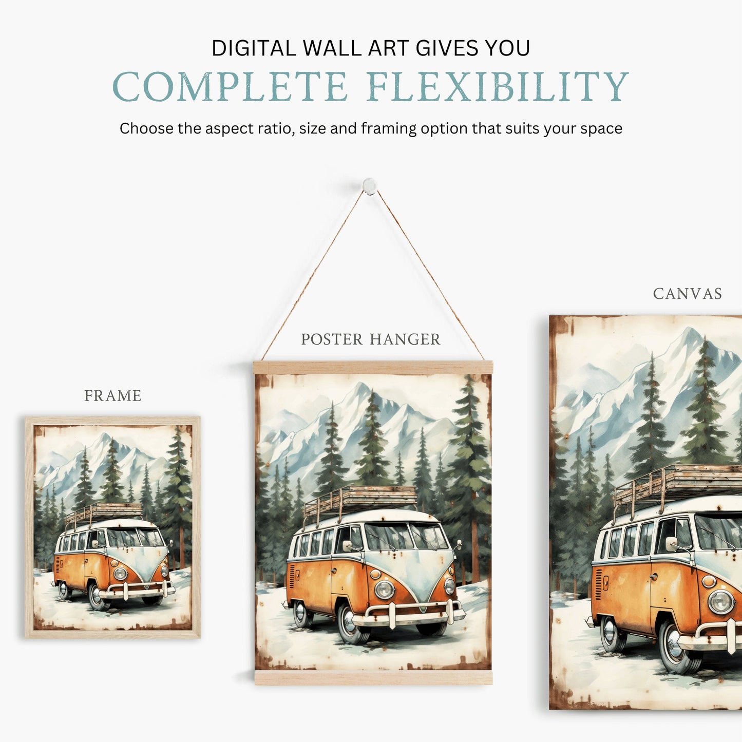 Camper Van Print, Van Life, Nature Art Print, Wanderlust Wall Art, Retro Van Wall Art, VW Bus Print, Mountain and Forest Printable Art