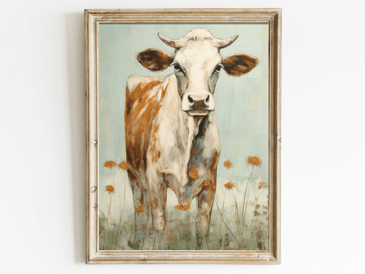 Vintage Bull Portrait, Whimsical Cow Wall Art, Rustic Farmhouse Decor, Country Home Decor, Farm Animal Print, Digital Printable Cattle Art