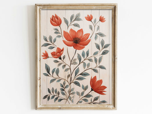 Vintage Floral Wall Art, Red Flower Print, Flower Wall Decor, Rustic Wall Art Wood, Farmhouse Home Decor, Digital Printable Decor