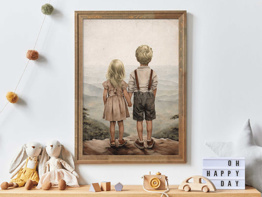 Siblings Wall Art, Adventure Toddler Decor, Boy & Girl Print, Brother and Sister Room Decor, Siblings Portrait, PRINTABLE Kids Room Art