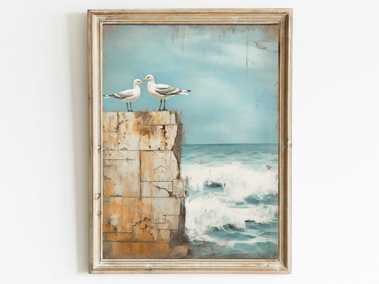 Seagull Print, Sea Bird Wall Art, Beach Painting, Sea & Coastal Landscape Wall Decor, Distressed Vintage Art, DIGITAL Printable Sea Gull Art