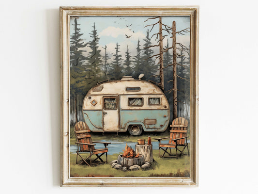 Camping Wall Art, Vintage Caravan Print, Nature Print, Camper Decor, Rustic Home Decor for Camping Lovers, Printable Wall Decor