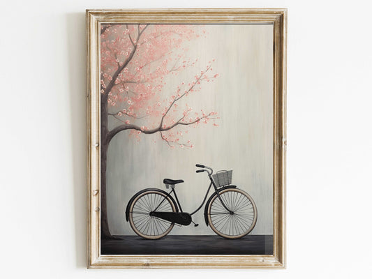 Vintage Bicycle Art Print, Cherry Blossom Wall Art, Vintage Wall Decor, Tree Painting, Grey and Pink Wall Art,  DIGITAL Printable Wall Decor