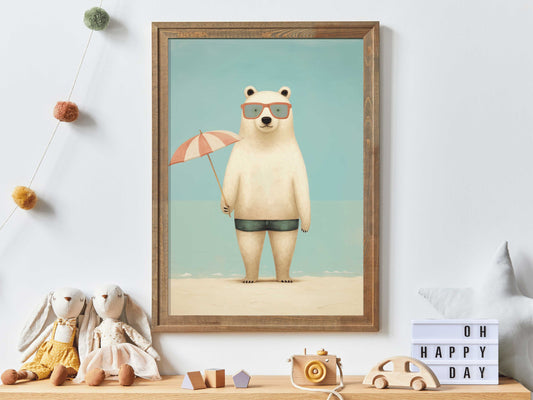 Bear Wall Art, Polar Bear Kids Room Decor, Beach Nursery Print, Funny Vintage Art, Animal Wearing Glasses, PRINTABLE Toddler Room Decor Boy