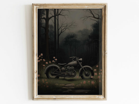 Vintage Motorcycle Art, Motorcycle and Flowers Print, Dark Wall Art, Vehicle Wall Art, Forest Print, Rustic Wall Art, PRINTABLE Wall Decor