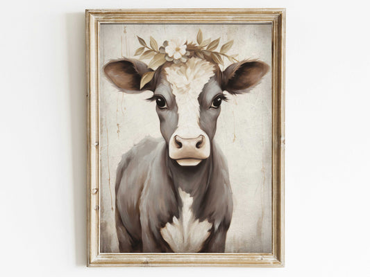 Vintage Cow Portrait, Animal with Flowers, Cow Wall Art, Rustic Farmhouse Home Decor, Country Style Art, Farm Animal Art Print,Printable Art