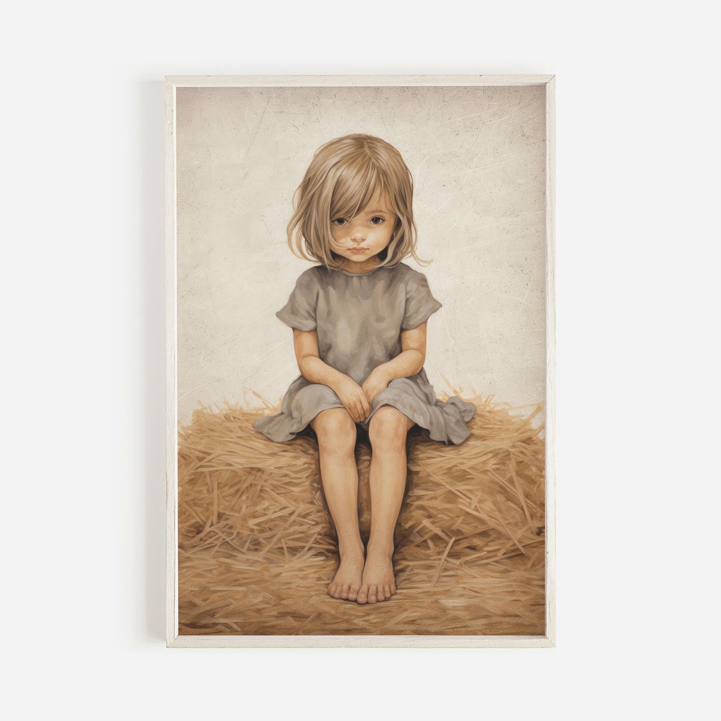 Little Girl on a Hay Bale Painting, Farmhouse Nursery Decor, Cute Girls Room Decor, Vintage Countryside Wall Art, Printable Girl Wall ARt