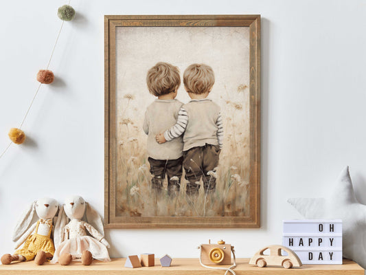 Twins Wall ARt, Brothers Room Print, Twin Brothers Painting, Brothers Bedroom Decor, Rustic Toddler Room Decor Boy, PRINTABLE Twins Art