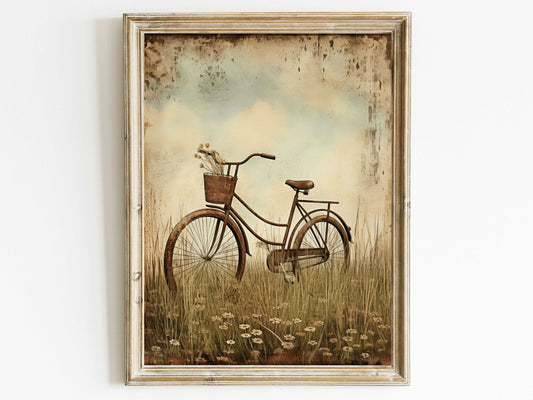 Vintage Bicycle Art Print, Bike & WildFlower Meadow Print, Rustic Floral Wall Decor, Country Style Farmhouse Home Decor, Printable Wall Art