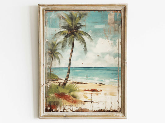 Tropical Beach Print, Beach Wall Art, Vintage Beach Painting, Palm Tree Art Print, Rustic Home Decor, DIGITAL Printable Coastal Wall Decor