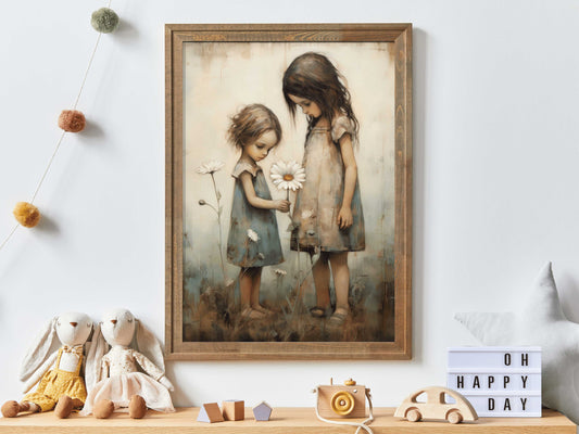 Sisters Room Print, Wildflower Nursery Art, Sister Nursery Wall Art, Friendship Nursery Decor, Vintage Painting, PRINTABLE Girls Bedroom Art