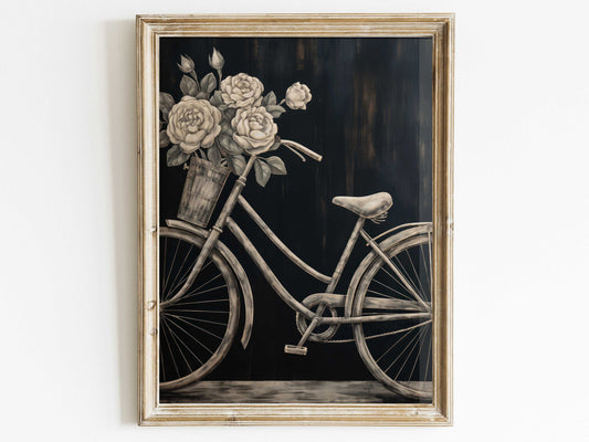 Vintage Bicycle Print, Bicycle and Flowers, Rustic Floral Wall Decor, Chalkboard Wall Art, Black Farmhouse Art, DIGITAL Printable Wall Decor