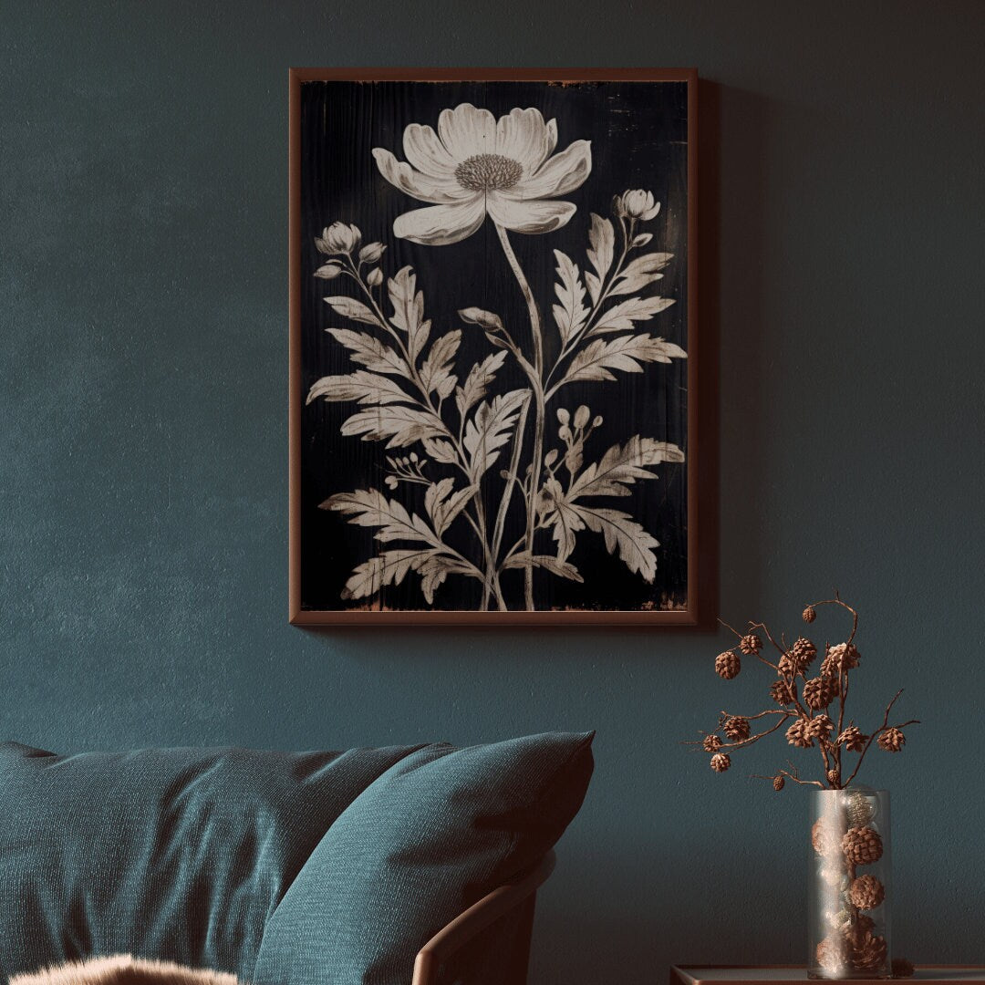 White Flower Print, Rustic Floral Wall Decor, Black Wood Wall Art, Black and White Floral Print, Farmhouse Home Decor, DIGITAL Floral Art