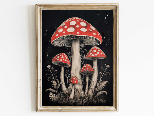 Amanita Mushroom Wall Art, Fly Agaric Print, Vintage Mushroom Print, Mushroom Nursery Decor, Red Black Wall Art, PRINTABLE Kids Wall Art