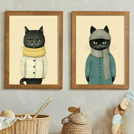 Cat Wall Art Set of 2, Funny Cat Prints, Kids Room Decor, Retro Cat Art, Vintage Cat Prints, Whimsical Animal Art, Printable Kids Wall Art