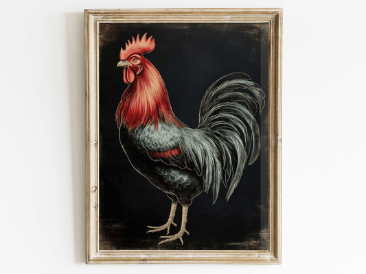 Vintage Rooster Decor, Rustic Farmhouse Decor, Farm Animal Painting, Cock Wall Art, Chicken Print, Digital Printable Country Wall Decor