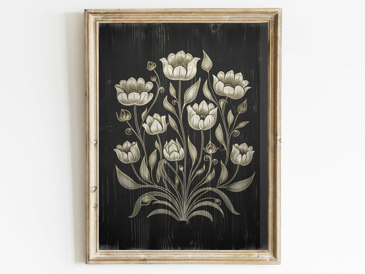 White Flower Print, Black Wood Wall Art, Rustic Floral Wall Decor, Black Floral Art, Black Flower,Farmhouse Home Decor, DIGITAL Floral Print