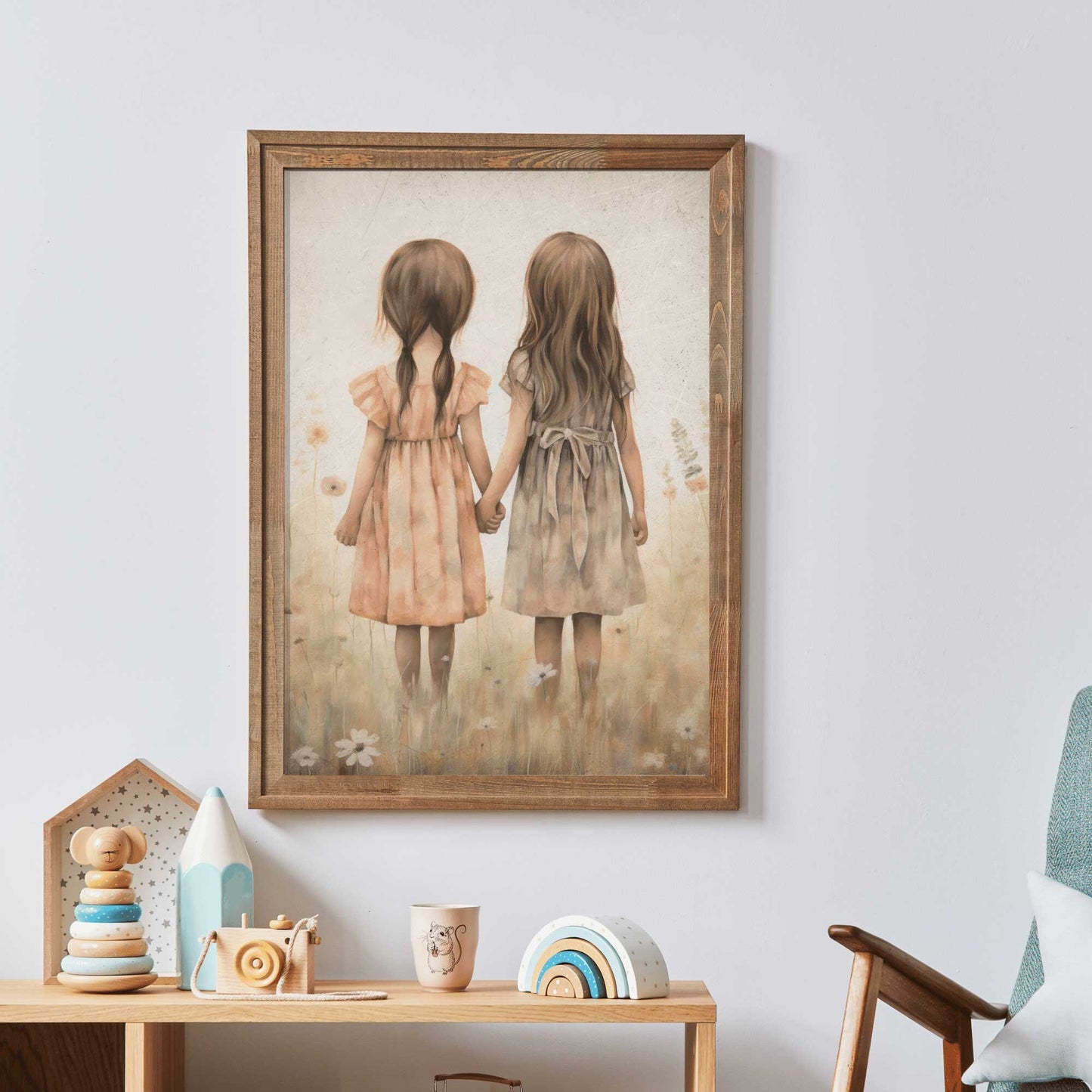 Sister Wall Art, Best Friends Print, Sister Print, Sisterhood Art, Vintage Twin Sister Painting, Little Girls Wall Art, Printable Girl Art