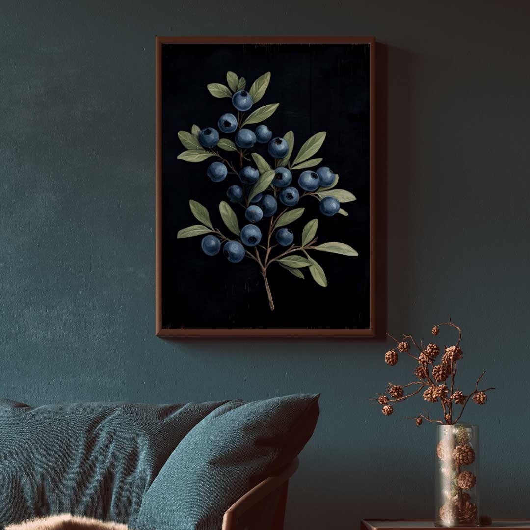 Blueberry Print, Black Botanical Wall Art, Berry Art, Scandinavian Wall Decor, Autumn Home Decor, Dark Academia, PRINTABLE Plant Walll Art