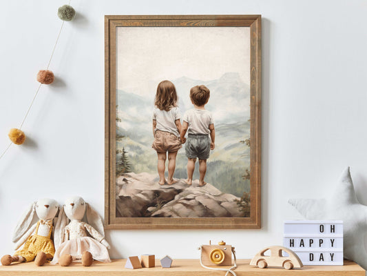 Brother and Sister Wall Art, Nursery Nature Decor, Siblings Portrait, Boy and Girl Print, Brother Sister Room, Printable Kids Room Art