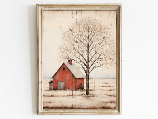 Red Barn Print, Rustic Vintage Farmhouse Décor, Vintage Countryside Print, Old Barn Painting, DIGITAL Printable Country Style Home Decor