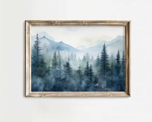 Blue Forest Art, Misty Forest Print, Watercolor Landscape, Forest Wall Art, Nature Art Print, Forest Landscape Decor, Printable Mountain Art