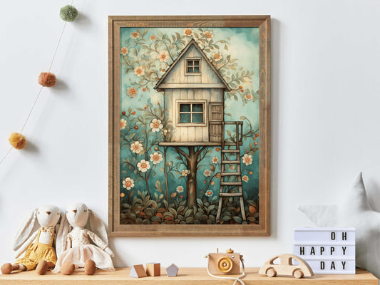 Treehouse Print, Tree House Art, Nursery Wall Decor, Rustic Nursery Art, Tree Cabin, Whimsical Kids Room Decor, PRINTABLE Child's Room Art