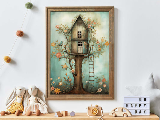 Treehouse Print, Whimsical Wall Art, Nursery Wall Decor, Tree House Wall Decor, Rustic Nursery Art, Tree Cabin, PRINTABLE Kids Wall Art