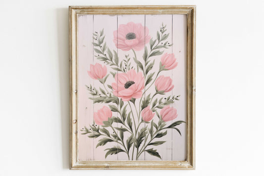 Rustic Floral Wall Decor, Pink Flower Print, Kitchen Art, Vintage Flower Art, Farmhouse Decor, Distressed Wall Art, PRINTABLE Floral Art