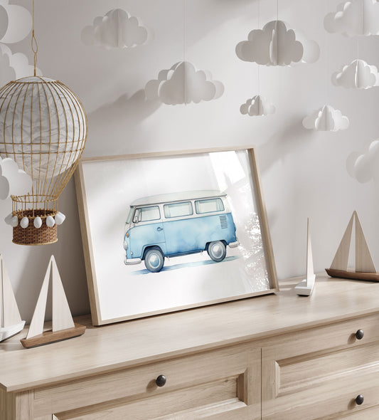 Retro Van Print, Car Nursery Decor, Vehicle & Transportation Nursery Wall Art, Camper Van Art Print, Blue Kids Room Decor,PRINTABLE Wall Art