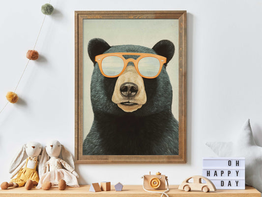 Cool Bear Wall Art, Animals Wearing Glasses, Funny Vintage Art, Black Bear Nursery Decor, Bear Print, Toddler Room Decor Boy, Printable Art