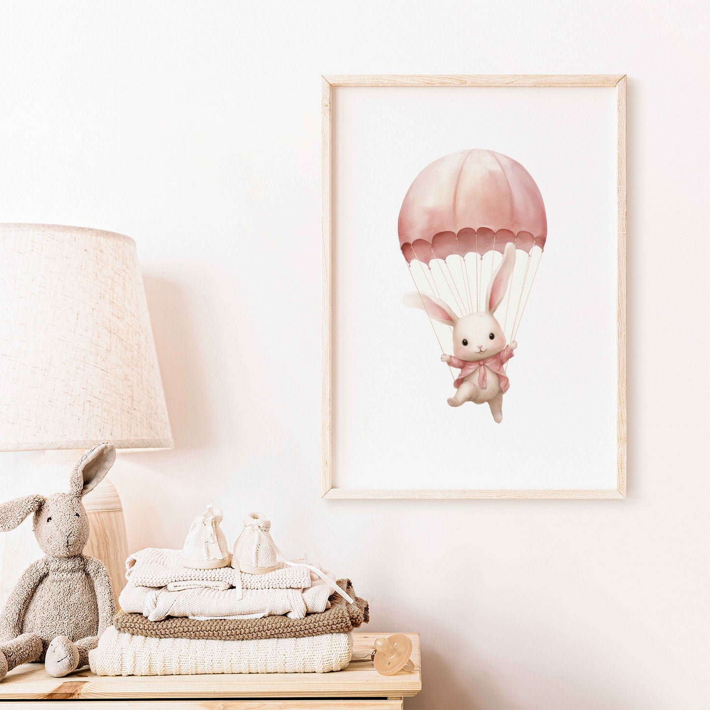 Cute Bunny Nursery Art Print, Bunny in Parachute, Pink Hot Air Balloon Nursery Print, Nursery Decor, Baby Shower Gift, PRINTABLE Nursery Art