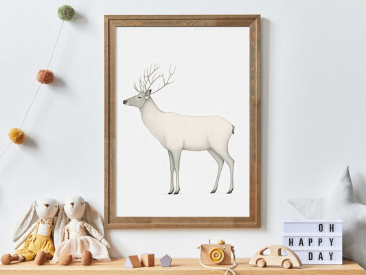 Reindeer Art Print, White Reindeer, Minimalist Animal Print, Nordic Animal, Farmhouse Wall Decor, Reindeer Painting, Printable Reindeer Art