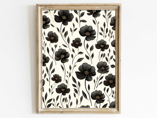 Black Flowers Print, Floral Pattern Wall Art, Black & White Floral Art, Flower Wall Decor, Farmhouse Floral Print, PRINTABLE Flower Wall Art