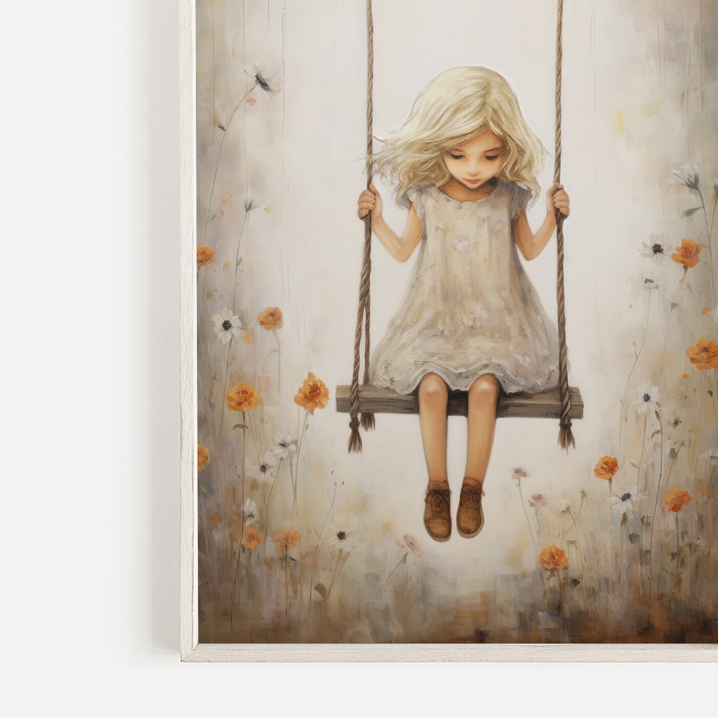 Little Girl on a Swing, Girly Wall Art Print, Wildflower Nursery Girl, Vintage Girls Room Art, Rustic Nursery Decor,Printable Girls Wall Art