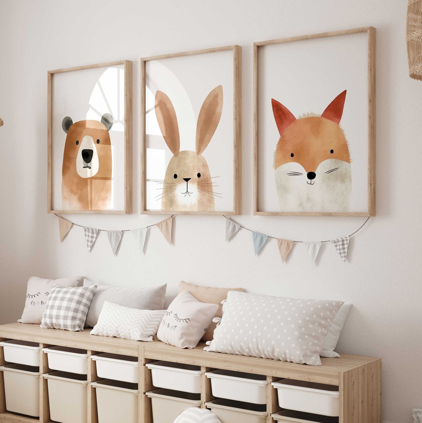 Nursery Wall Art Prints, Watercolor Animal Portraits, Bear, Bunny and Red Fox, Cute Nursery Art, Set of 3, Digital Printable Baby Room Decor