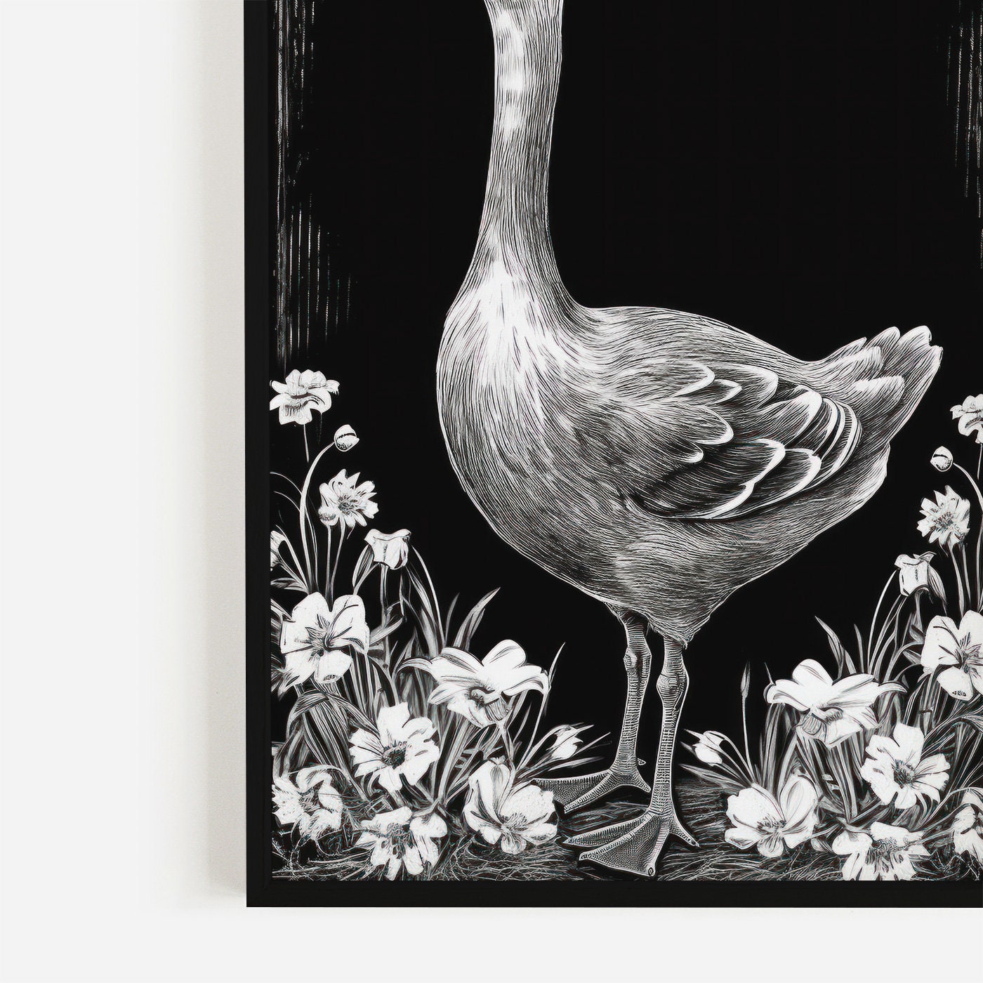 Goose & Florals, Goose Print, Farm Animal Art, Calkboard Wall Art Print, Black and White Line Art, Bird Wall Art, PRINTABLE Wall Decor