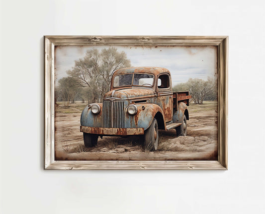 Rustic Home Decor, Vintage Country Cottage & Rusty Car, Countryside Wall Decor, Country House Print, Farmhouse Art, DIGITAL Printable Art