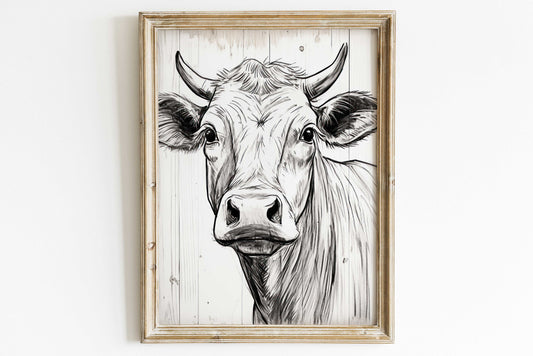 Bull Wall Art, Bull Portrait, Cow Art, One Line Drawing, Rustic Farmhouse Decor, Country Home Art, Farm Animal Print, PRINTABLE Cattle Art