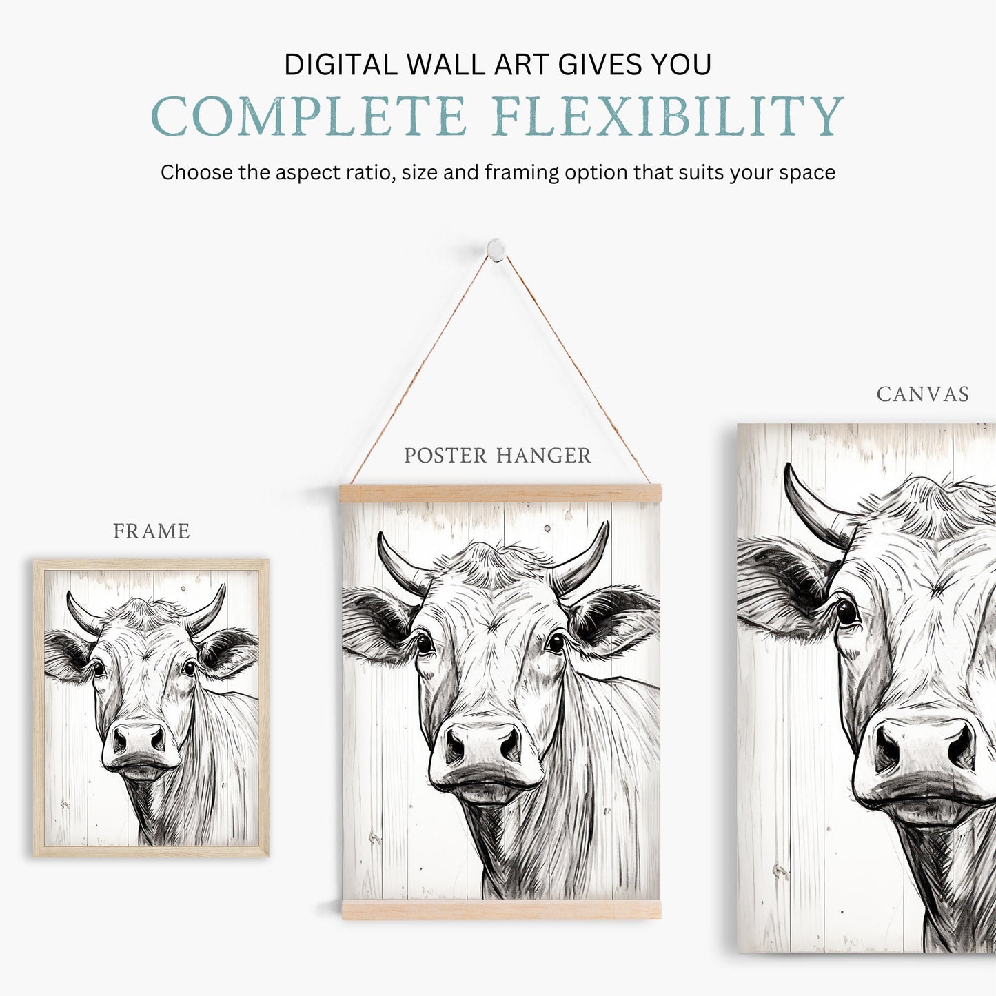 Bull Wall Art, Bull Portrait, Cow Art, One Line Drawing, Rustic Farmhouse Decor, Country Home Art, Farm Animal Print, PRINTABLE Cattle Art