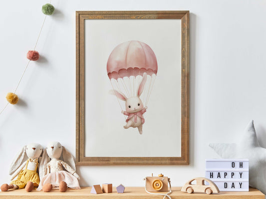 Cute Bunny Nursery Art Print, Bunny in Parachute, Pink Hot Air Balloon Nursery Print, Nursery Decor, Baby Shower Gift, PRINTABLE Nursery Art