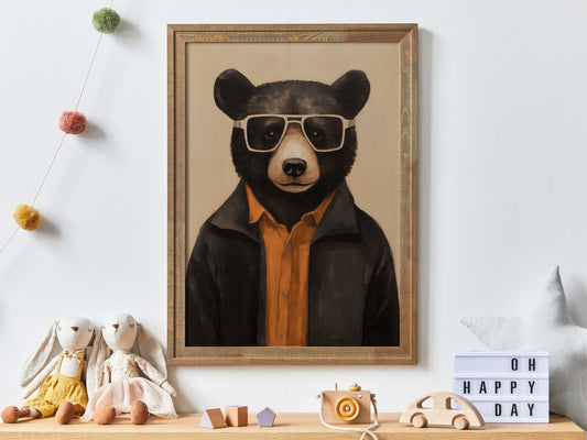 Vintage Bear Art Print, Bear Nursery Art, Bear in Clothes, Forest Animals Wearing Glasses, Cool Boys Room Decor, Printable Kids Room Art