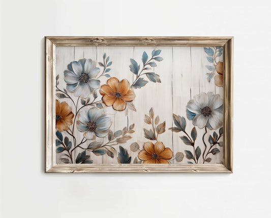 Sunset Blooms: Blue & Orange Flowers on Rustic Beige Wood Canvas