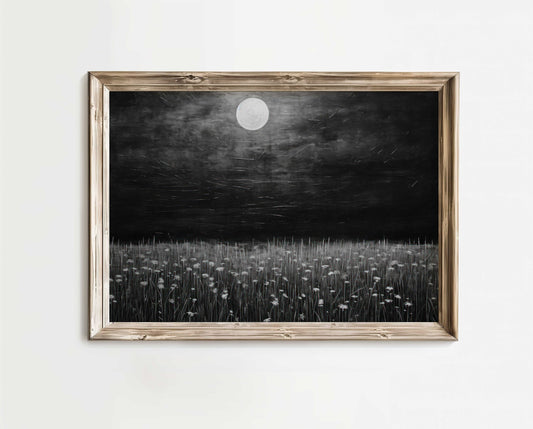 Wildflower Field Art, Chalkboard Wall Art, Nature Art Print, Dark Wall Art, Full Moon Art Print, Flower Meadow Print, Printable Flower Decor